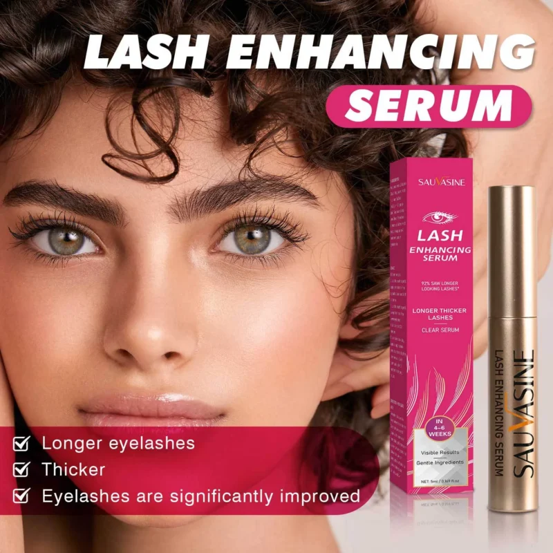 SAUVASINE Lash Enhancing Serum 5ml for longer and thicker eyelashes featuring a clear formula and precision applicator.