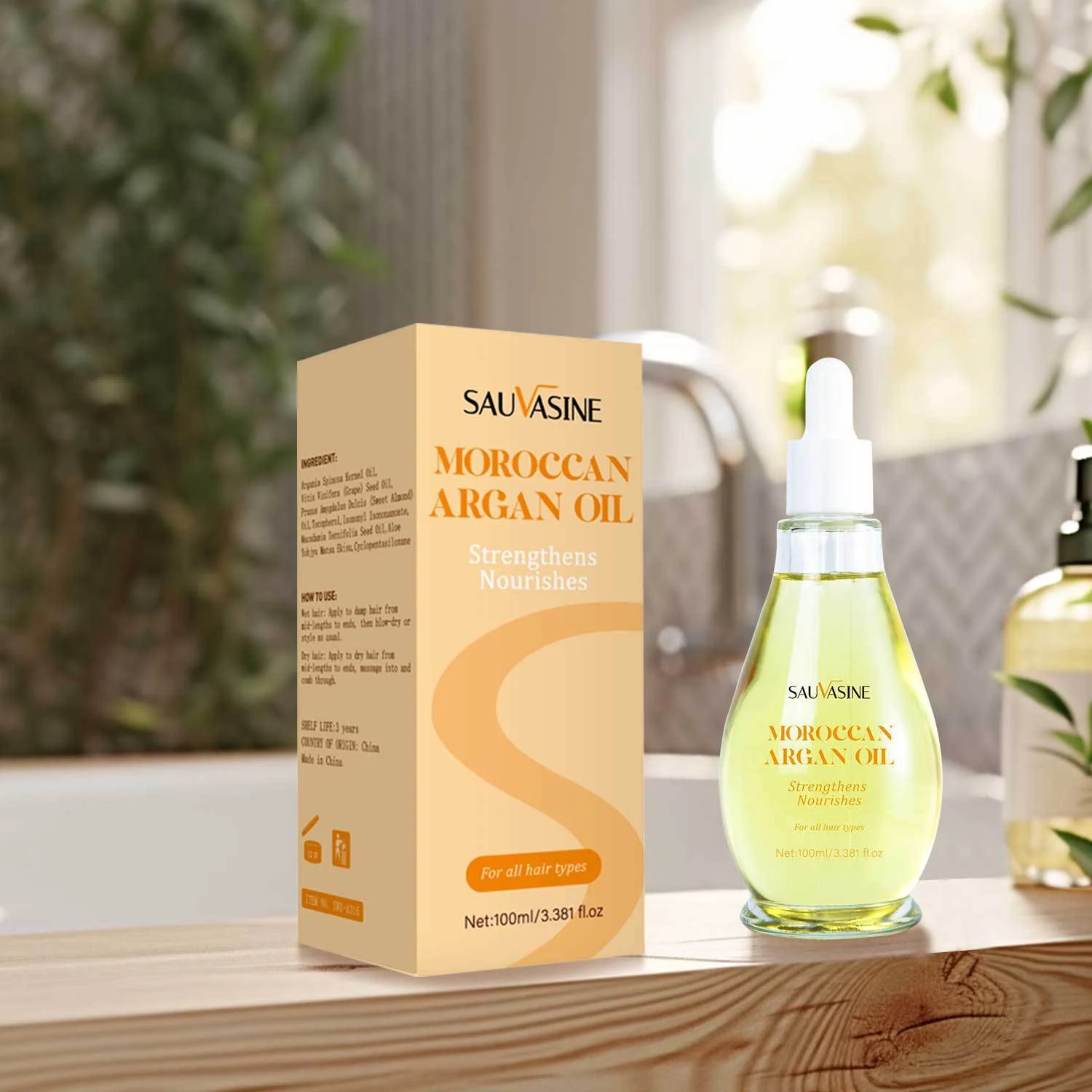 moroccan-argan-oil-100ml-hair-treatment-sau-vw6v93sm-desc-9 SAUVASINE Moroccan Argan Oil 100ml bottle for repairing dry, frizzy, and damaged hair.
